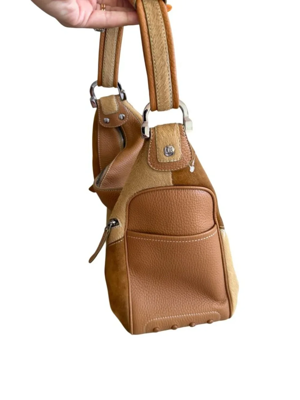 TODS Tan Suede Calf Hair Leather Top Shoulder Bag